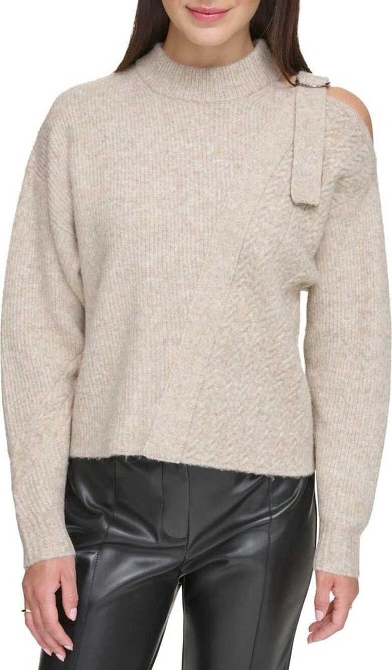 Dkny Women's Mixed-Stitch Cold-Shoulder Sweater Mock Neck Heather Beige L * Hole